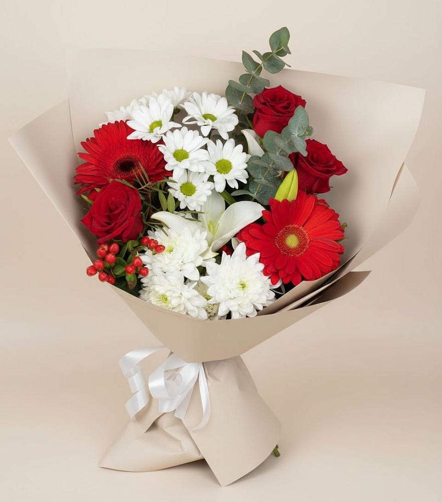 Букет цветов из: Розы, Хризантемы, Герберы и Лилии в Новомихайловском