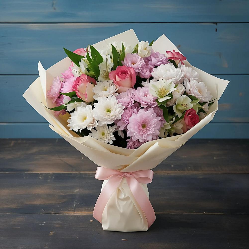 Букет цветов из: Хризантемы, Альстромерии и Розы в Новомихайловском